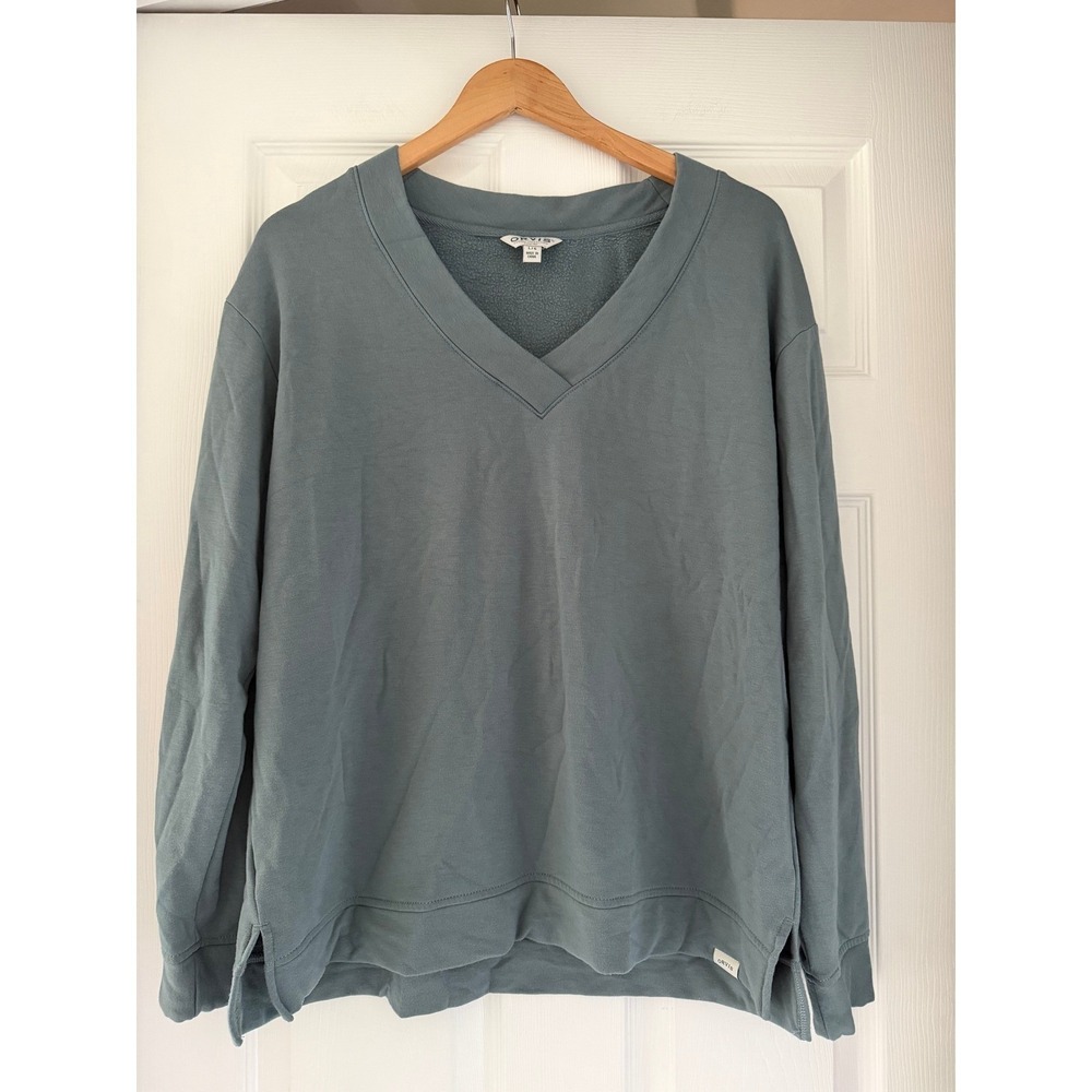Orvis Sweater Womens Blue V-Neck Long Sleeve Stretch Pullover Lightweight